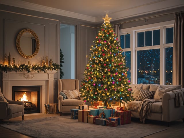 A Christmas tree in a living room with presents underneath it. The room is decorated with a fireplace and a couch. The tree is lit up with colorful lights, creating a warm and festive atmosphere.
