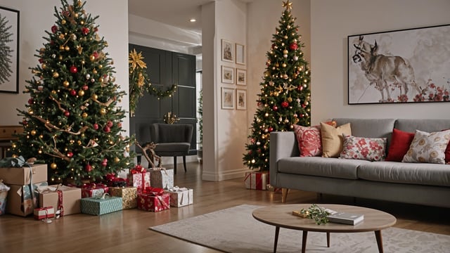 A living room with a Christmas tree and presents in front of it. The room is decorated with a couch, chairs, and a coffee table. The Christmas tree is adorned with ornaments and lights, creating a festive atmosphere.