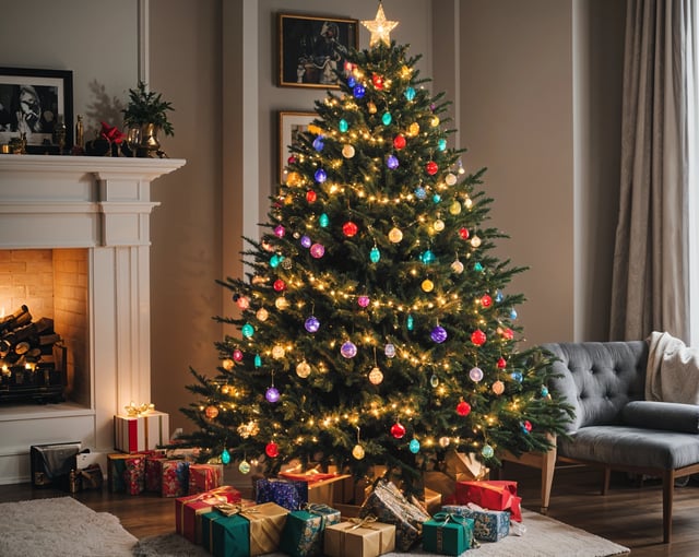 A Christmas tree with colorful ornaments and presents underneath it.
