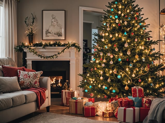 A lit Christmas tree with presents underneath it in a living room.