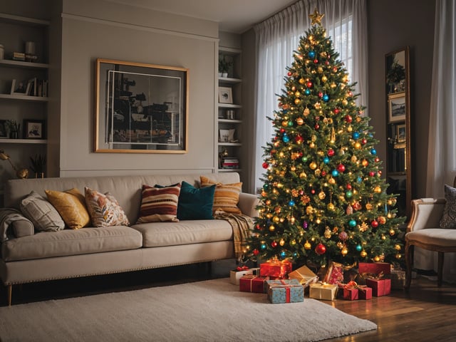A Christmas tree in a living room with presents underneath it.