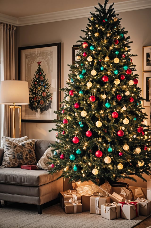 A Christmas tree with ornaments and lights in a living room.