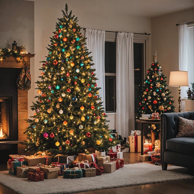 A Christmas tree with presents underneath it. The tree is surrounded by two other trees and a couch.