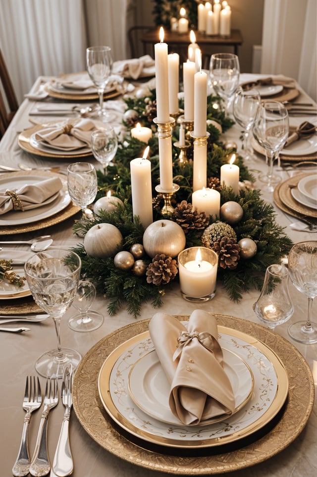A fancy dinner table with candles and pine cones. The table is set for a holiday dinner.