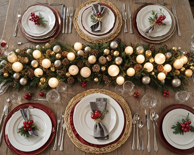 A dinner table set for a holiday dinner, featuring a garland of lights and candles. The table is adorned with a white tablecloth and red napkins, and is set with plates, bowls, and wine glasses.