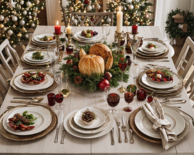 A dinner table set for a holiday meal with a pumpkin centerpiece.
