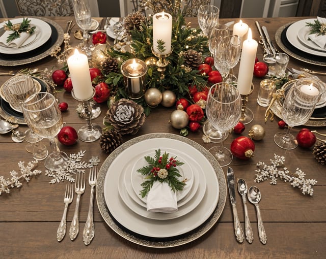 A table set for a holiday meal with candles and pine cones as a centerpiece.