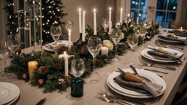 A dinner table set with candles, wine glasses, and a centerpiece of flowers.