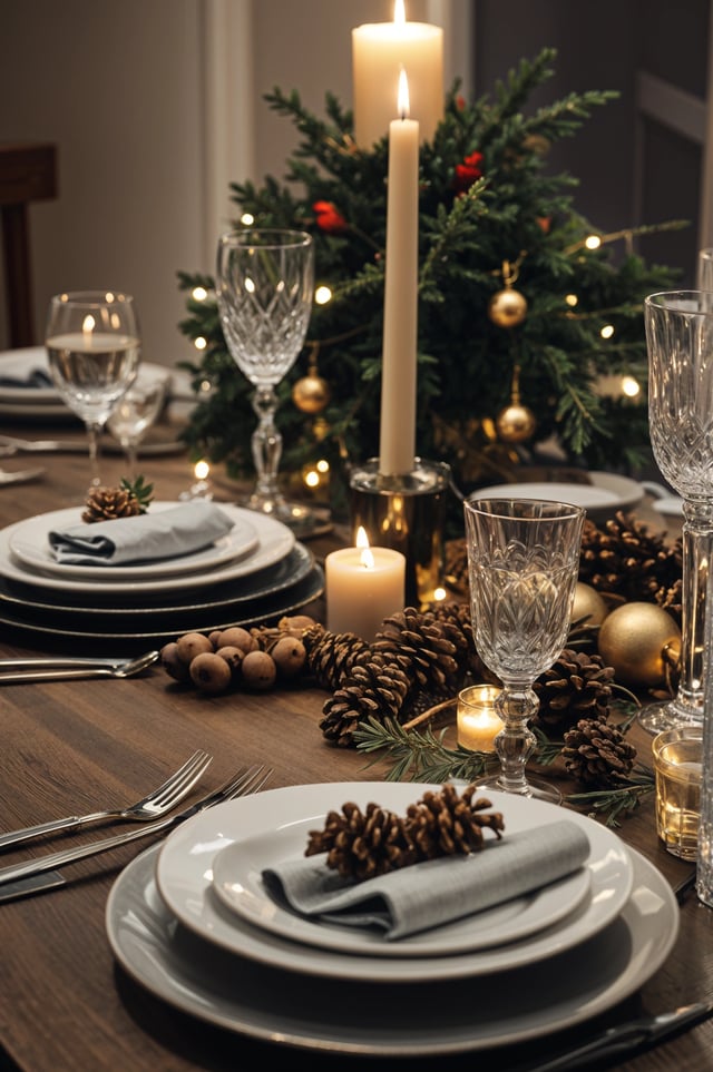 A Christmas dinner table with candles, pine cones, and wine glasses. The table is set for a festive holiday meal.