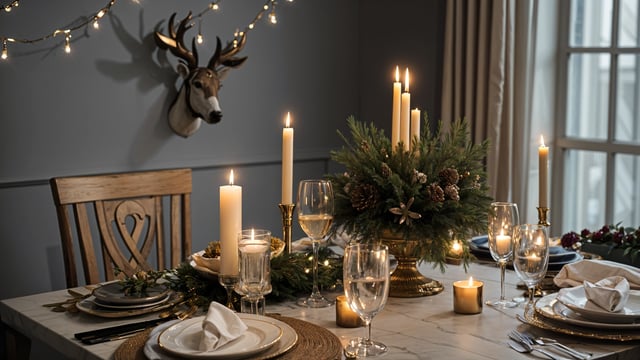 A dinner table set with candles, wine glasses, and a centerpiece of pine cones and flowers. The table is adorned with a deer head on the wall and the candles are lit, creating a warm and inviting atmosphere for a holiday meal.