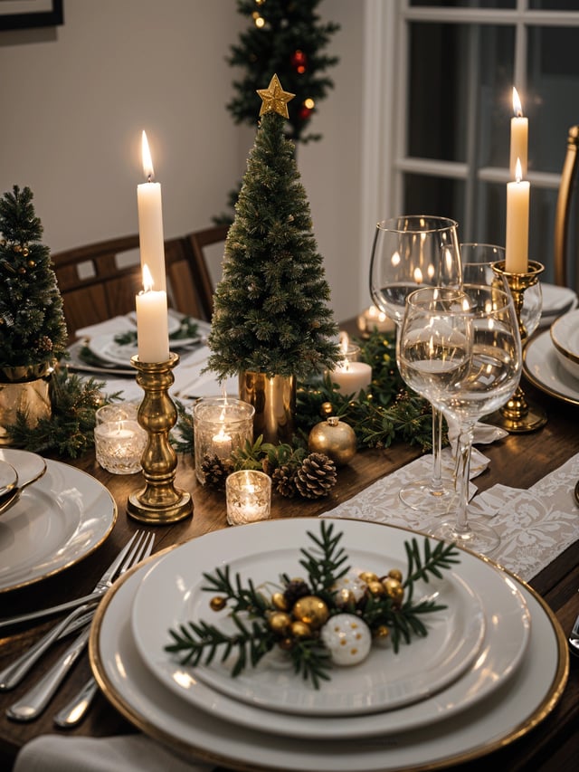A dinner table set for Christmas with candles and a tree.