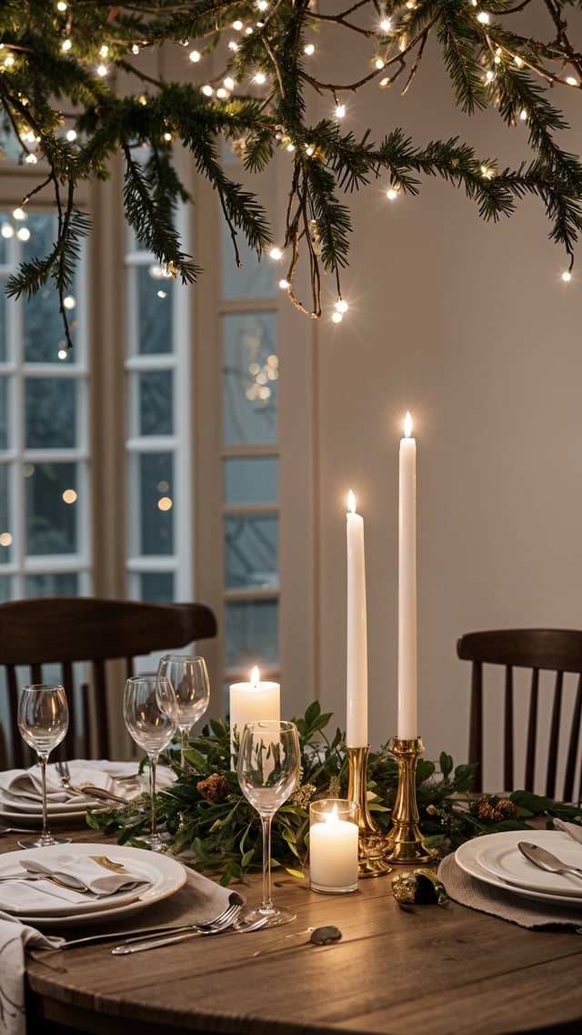 A dinner table set with candles and wine glasses, creating a warm and inviting atmosphere for a romantic dinner. The table is adorned with candles and pine branches, adding a touch of nature to the setting. The chairs are arranged around the table, and the wine glasses are placed in front of each seat, ready for the guests to enjoy their meal.