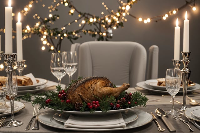 A dinner table with a turkey as centerpiece. The table is set with wine glasses and silverware.