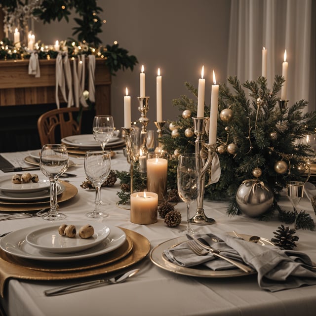A dinner table set for a holiday meal with candles, wine glasses, and a centerpiece of pine cones and ornaments. The table is set for a holiday meal and is adorned with gold plates and silverware.