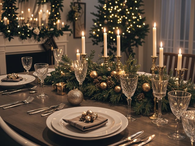 A dinner table set for Christmas with candles and gold ornaments.