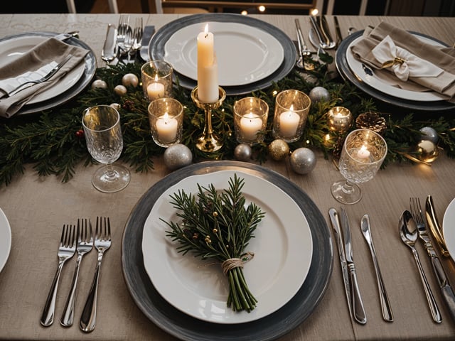 A fancy dinner table set for Christmas with candles, plates, and silverware.