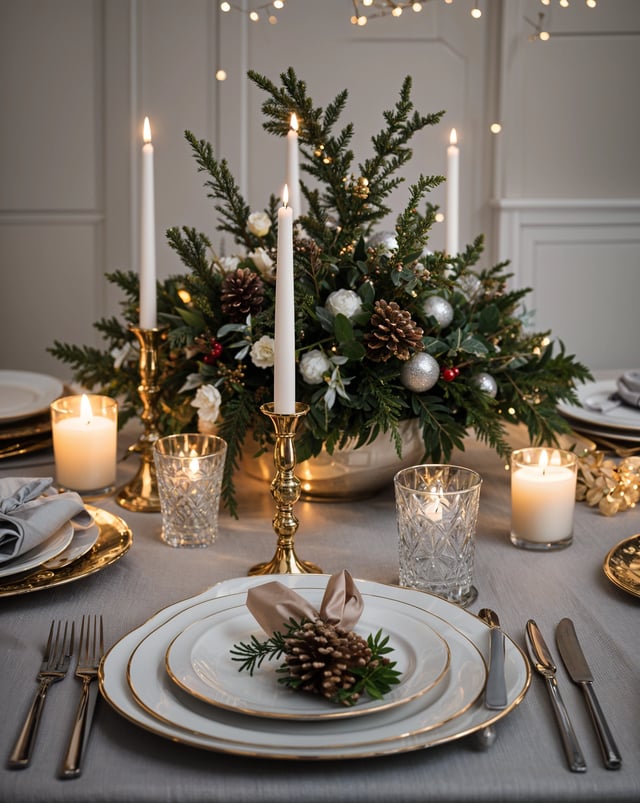 A table set for a fancy dinner with a centerpiece of pinecones and candles. The table is set with plates, forks, knives, and spoons. The tablecloth is white and the candles are lit, creating a warm and inviting atmosphere.