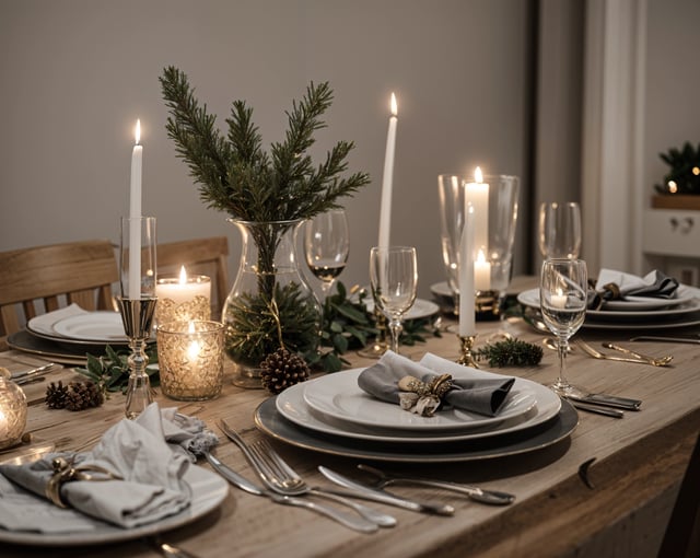 A dinner table set for a romantic dinner for two. The table is set with candles, wine glasses, and a pine tree decoration.