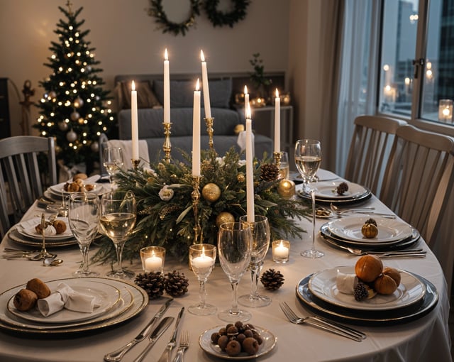 A dinner table set for a holiday meal with candles and wine glasses, featuring a centerpiece of pine cones and gold ornaments.