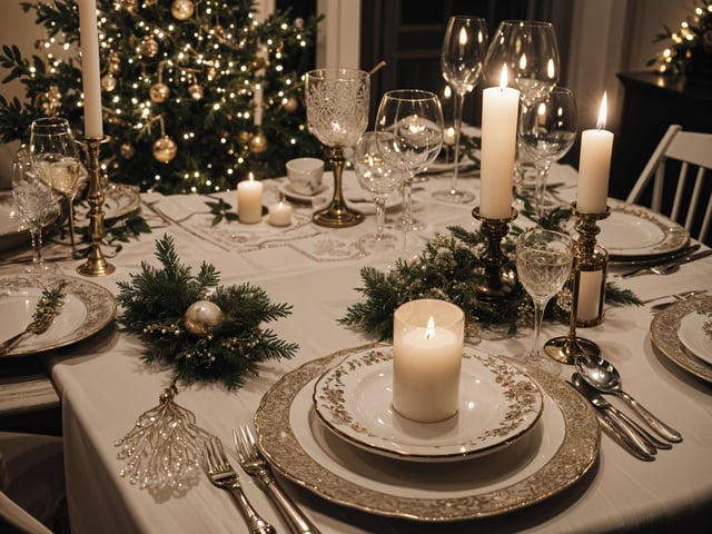 A dinner table set for Christmas with gold and white plates, candles, and wine glasses.