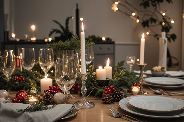 A table set for a fancy dinner with candles, wine glasses, and a pinecone centerpiece.