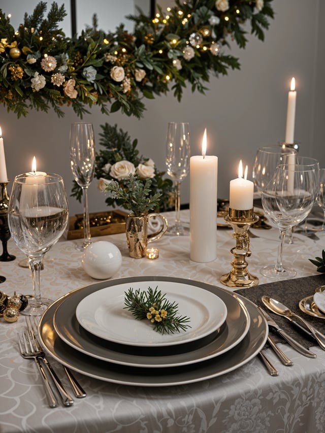 A fancy dinner table with a flower centerpiece and candles. The table is set with wine glasses and silverware.