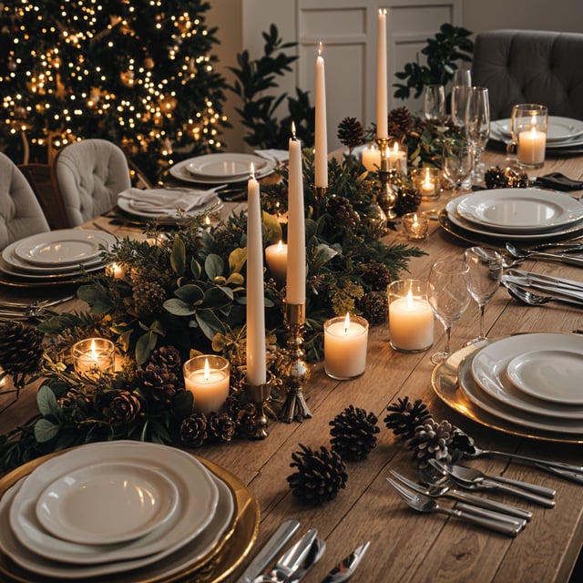 A dinner table set for Christmas with candles, plates, silverware, and a potted plant.