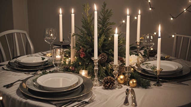A Christmas tree centerpiece on a dinner table with candles, gold accents, and white flowers. The tableware includes plates, forks, knives, and spoons.