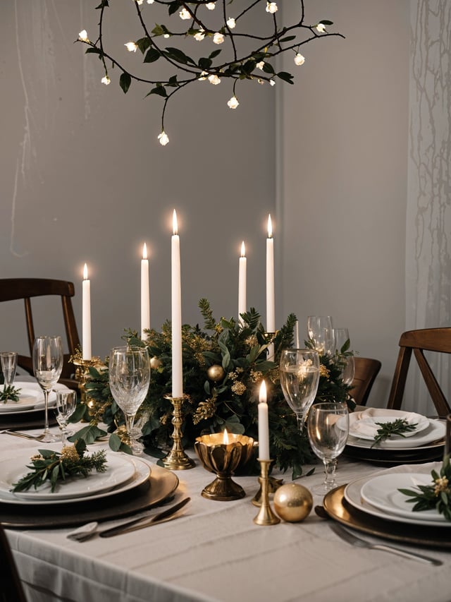 A dinner table set with candles and a plant, in a gold color scheme.