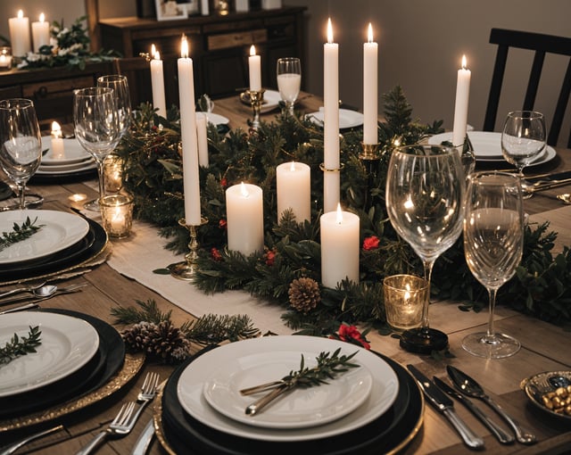 A dinner table set with candles, wine glasses, and a wreath. The table is well arranged with various dishes and utensils.