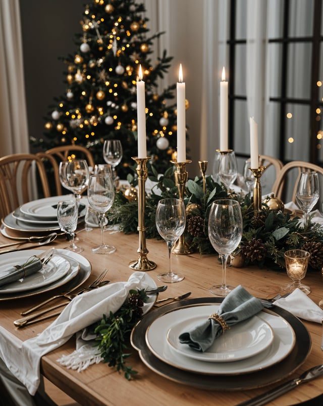 A dinner table set for Christmas with candles, wine glasses, and plates.