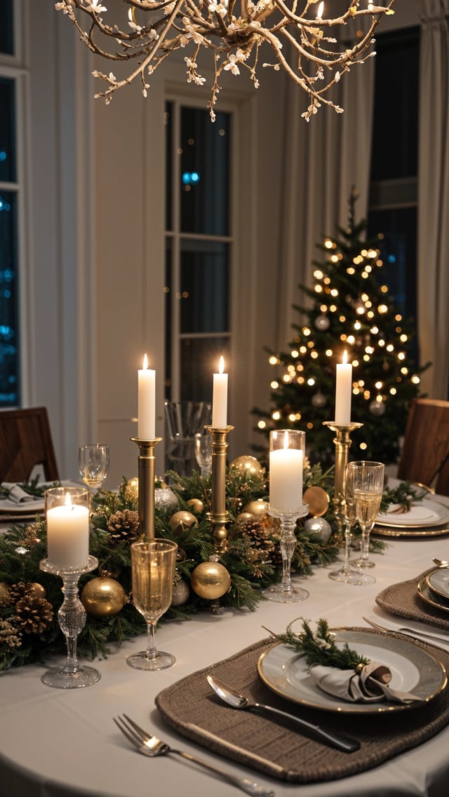 A dinner table with candles and a Christmas tree in the background. The table is set with wine glasses and cups, and features gold and white decorations.