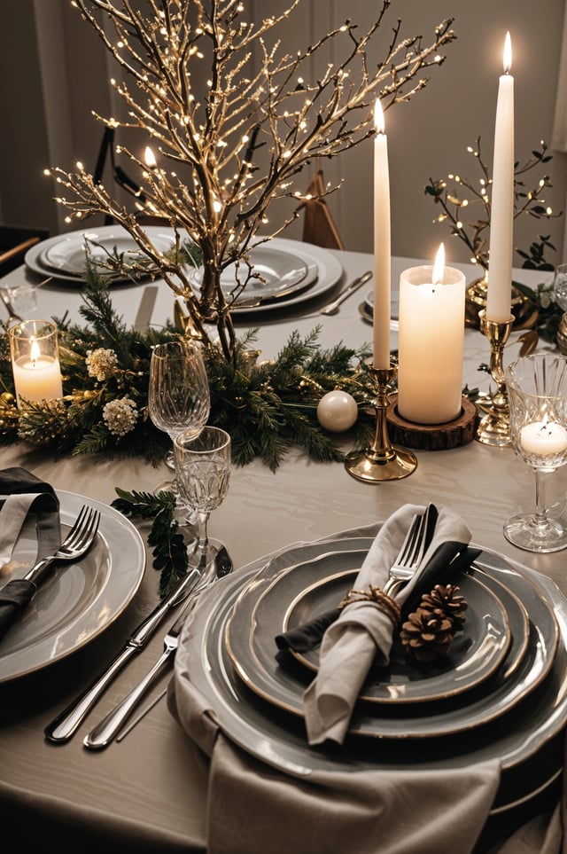 A fancy dinner table with candles and pinecones. The table is set for a holiday meal with a gold and white color scheme.