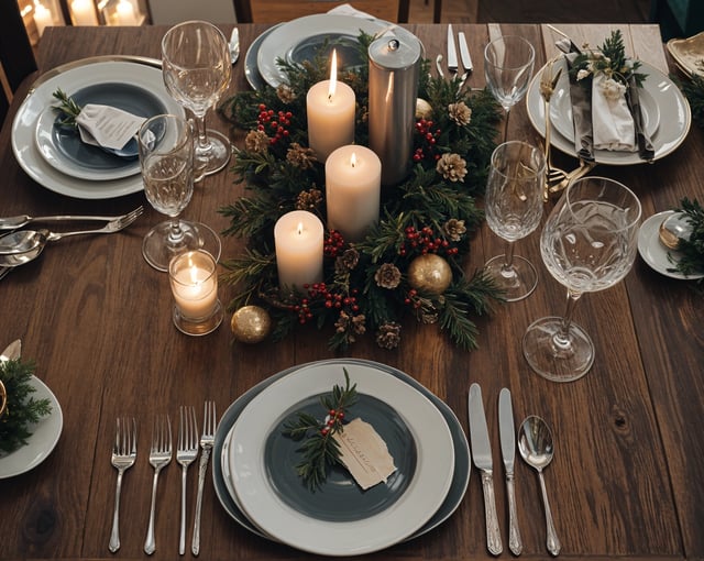 A dinner table set for a holiday meal with candles and place settings. The table is adorned with a centerpiece of candles and pine cones.