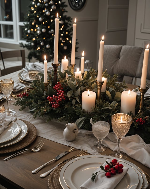 A dinner table set with candles and a centerpiece of red berries and greenery. The table is set with plates, forks, knives, and wine glasses, ready for a festive meal. The table is adorned with a Christmas tree in the background, adding to the holiday atmosphere.