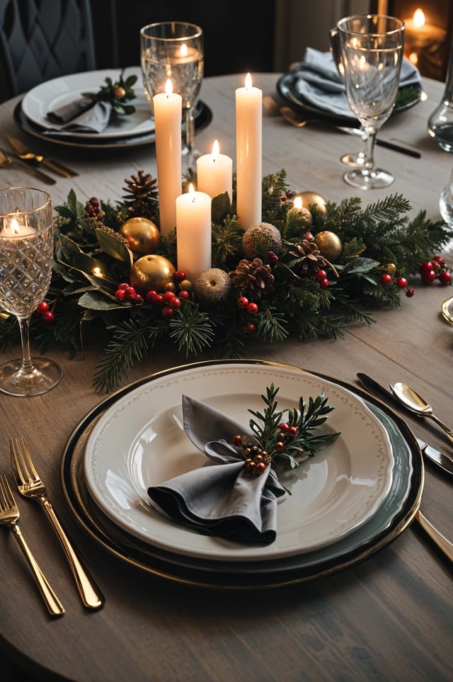 A dinner table with a white plate, napkin, and candles. The table is set for a fancy dinner with a wine glass and utensils.