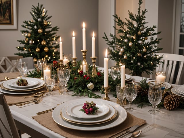 A table set for a fancy dinner with candles and a Christmas tree in the background. The table is set with plates, glasses, and silverware. The table is adorned with a centerpiece of flowers and candles.