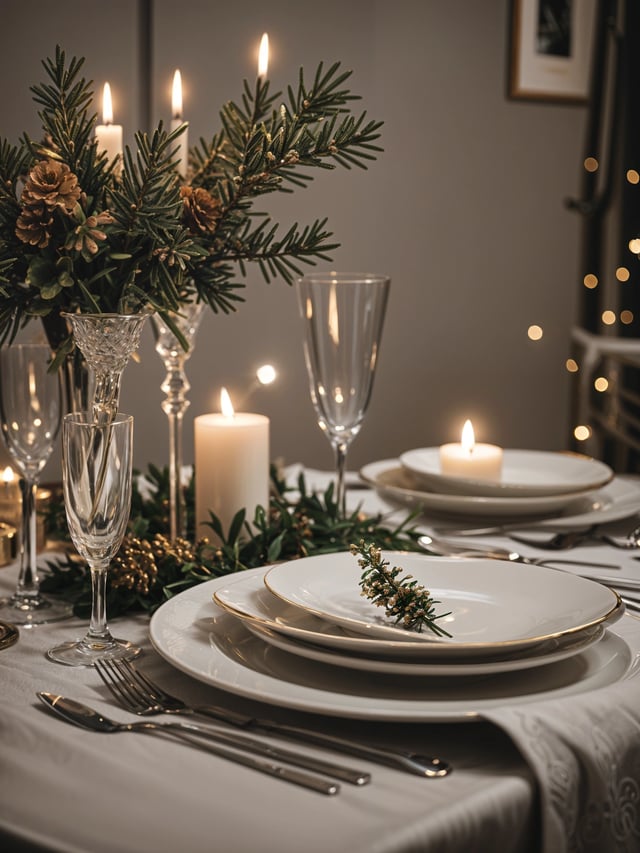 A dinner table set with plates, candles, and wine glasses. The table is adorned with a centerpiece of pine branches and candles.