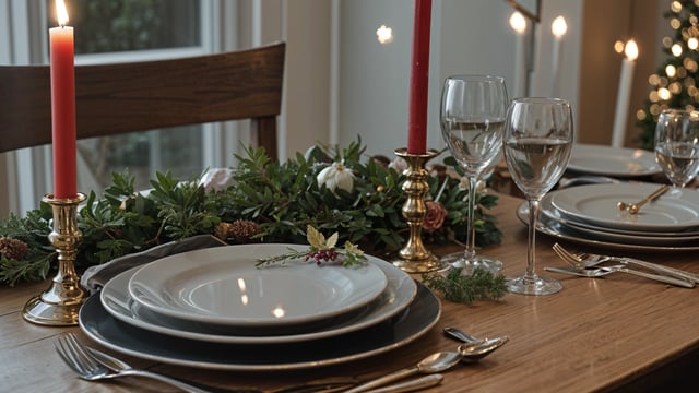 A dinner table set with a white plate, two wine glasses, a candle, and a spoon. The table is adorned with a green plant and a red candle.