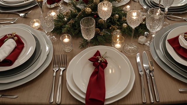 A dinner table set for a holiday meal with a red bow, white plate, and glass of wine. The table is adorned with candles and a pine tree.