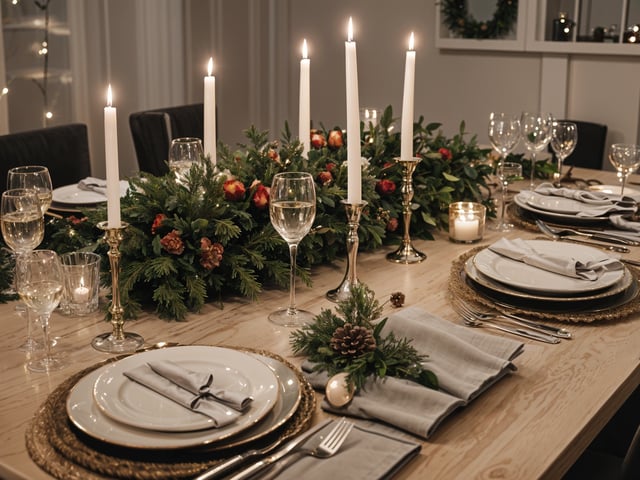 A dinner table set for a fancy dinner with candles, plates, silverware, and a centerpiece of pine cones and greenery.