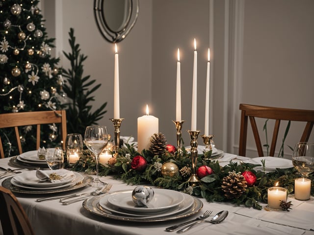 A dinner table set for Christmas dinner with candles and a centerpiece of pinecones.