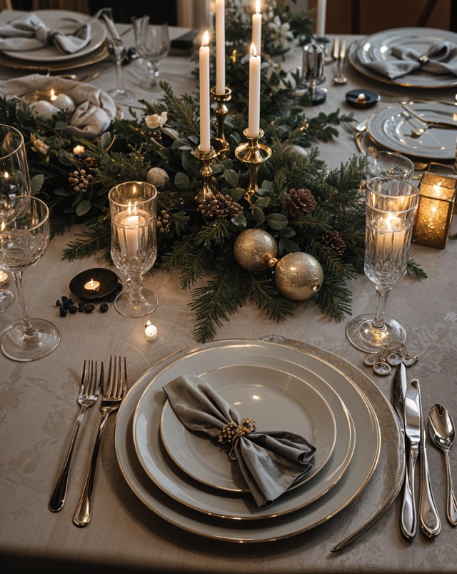 A fancy dinner table with a white tablecloth, gold accents, and candles. The table is set with plates, forks, knives, and spoons. There are also wine glasses and a bowl on the table. The table is decorated with a wreath and gold ornaments.