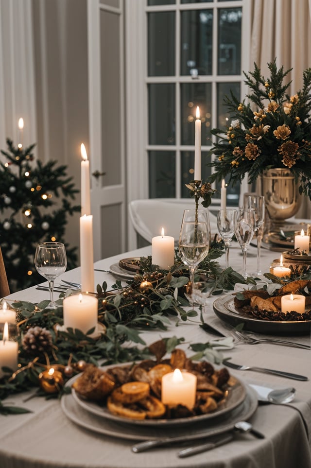 A dinner table set for two with candles, wine glasses, and a vase of flowers.