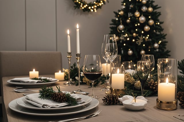 A dinner table set for Christmas with candles, wine glasses, and a Christmas tree in the background.