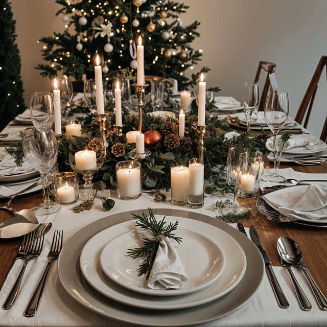 A table set for Christmas dinner with candles and pine branches as a centerpiece.