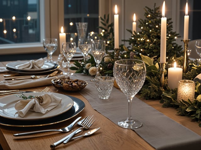 A fancy dinner table set for Christmas dinner with candles, wine glasses, and a centerpiece of flowers.
