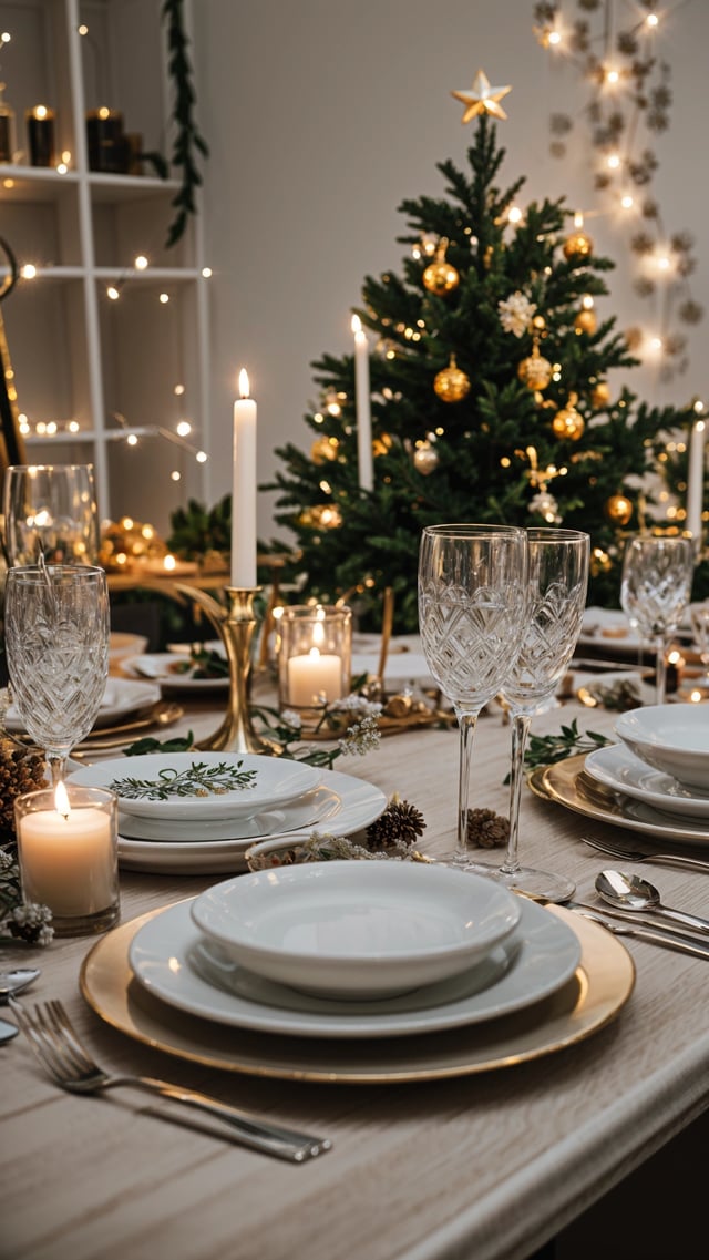 A dinner table set for Christmas with candles, wine glasses, and plates.