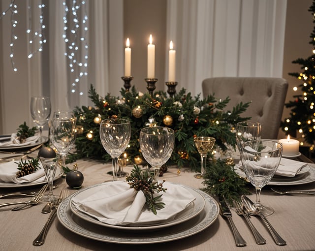 A dinner table set for a holiday dinner with candles, wine glasses, and a centerpiece of pine cones and berries.