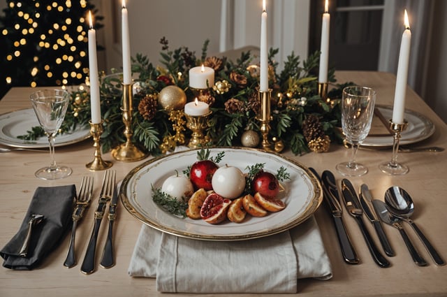A fancy dinner table with a plate of food and candles.